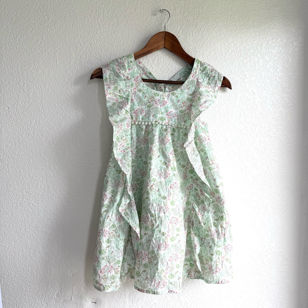 Shabby Chic Kids Girls Dress Green Pink Floral Cascading Ruffle Size 7